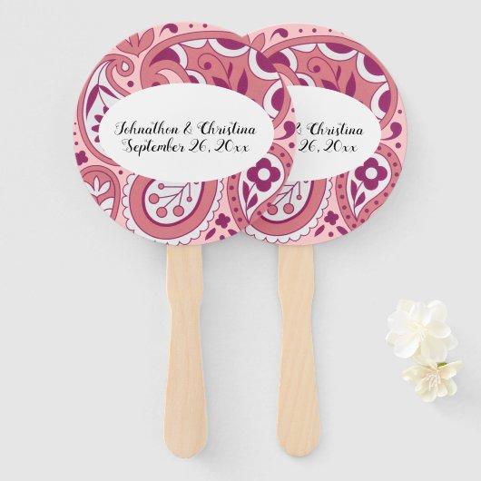 ピンクはっきりしたホワイトペイズリーデザイン涙滴楕円 ハンドファン (正面&裏面)