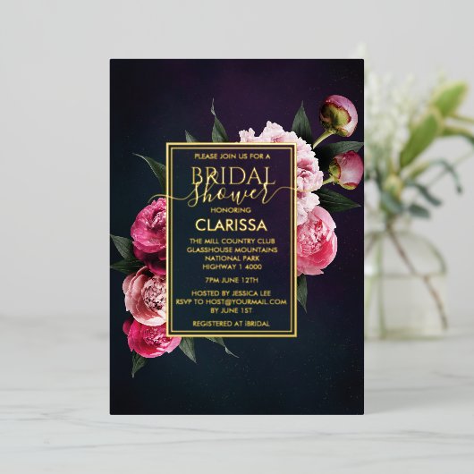 ピンクはっきりしたムーディピーニーフラワーシックブライダルシャワー 箔招待状 (立ち正面)