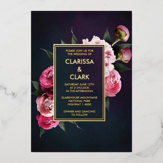 ピンクはっきりしたムーディピーニーフラワーシック結婚ズ 箔招待状 (正面)