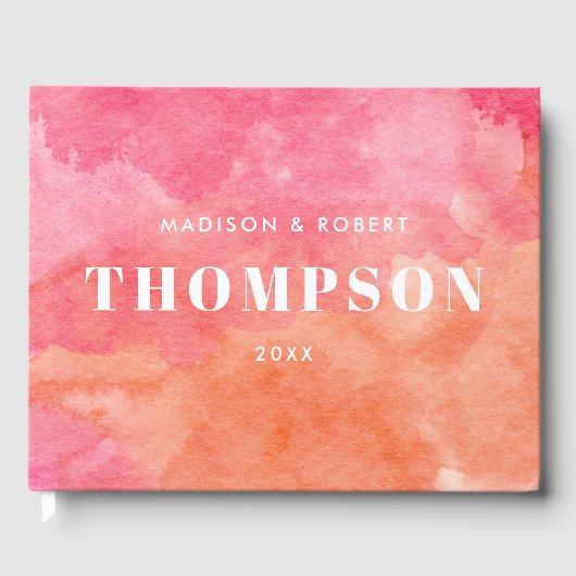 ピンクはっきりしたモダンとオレンジのモノグラム結婚の ゲストブック (正面)