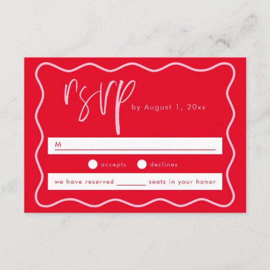 ピンクはっきりしたモダンと赤の2角フレームRSVPカード エンクロージャーカード (正面)