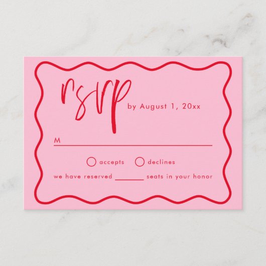ピンクはっきりしたモダンと赤の2角フレームRSVPカード エンクロージャーカード (正面)