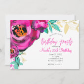 ピンクはっきりしたモダンフローラ水彩誕生日パーティー 招待状 (正面)