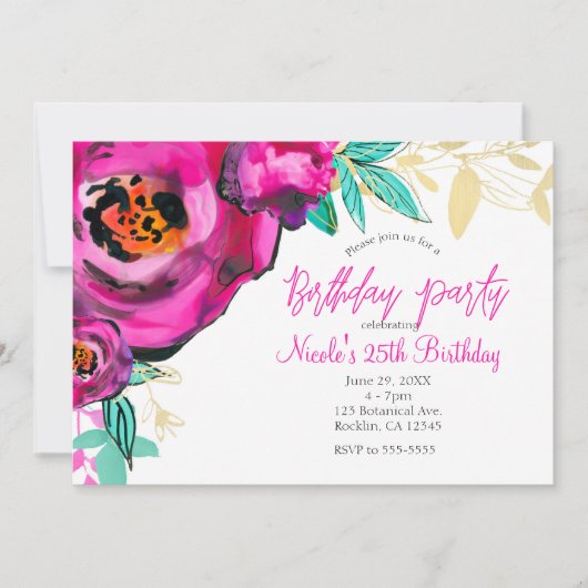 ピンクはっきりしたモダンフローラ水彩誕生日パーティー 招待状 (正面)