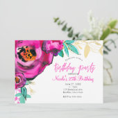ピンクはっきりしたモダンフローラ水彩誕生日パーティー 招待状 (スタンド正面)