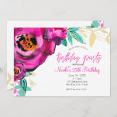 ピンクはっきりしたモダンフローラ水彩誕生日パーティー 招待状 (正面/裏面)
