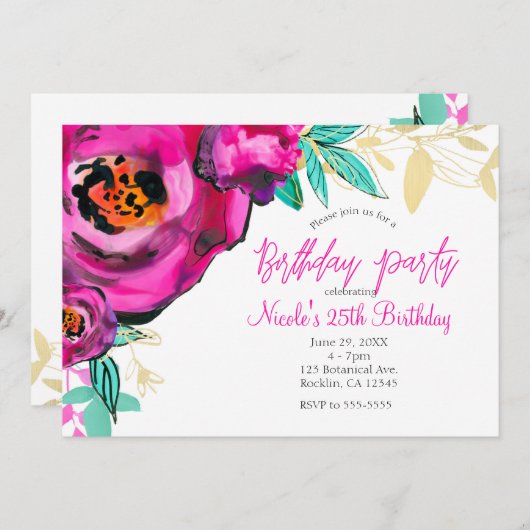 ピンクはっきりしたモダンフローラ水彩誕生日パーティー 招待状 (正面/裏面)