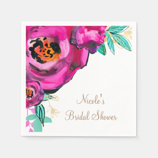 ピンクはっきりしたモダンフローラ水色ブライダルシャワー スタンダードカクテルナプキン (正面)