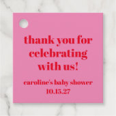 ピンクはっきりしたレッドカスタム赤ちゃんシャワー フェイバータグ (正面)