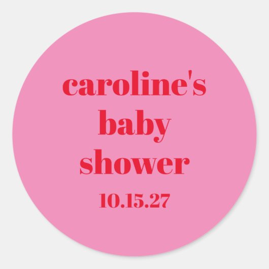 ピンクはっきりしたレッドモダンおもしろいカスタムベビーシャワー ラウンドシール (正面)