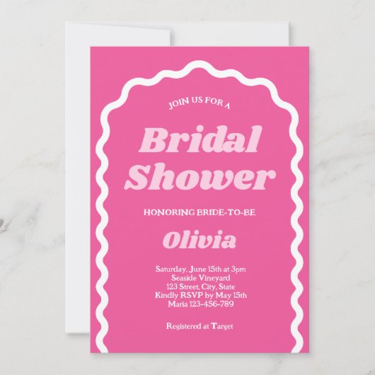 ピンクはっきりしたレトログルービーアーチブライダルシャワー 招待状 (正面)