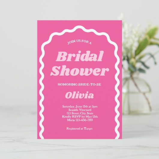 ピンクはっきりしたレトログルービーアーチブライダルシャワー 招待状 (スタンド正面)