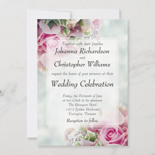 ピンクはっきりしたローズシックフローラ結婚式招待状 招待状 (正面)