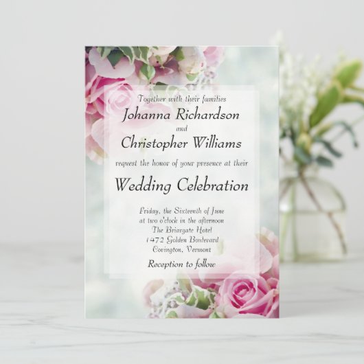 ピンクはっきりしたローズシックフローラ結婚式招待状 招待状 (スタンド正面)