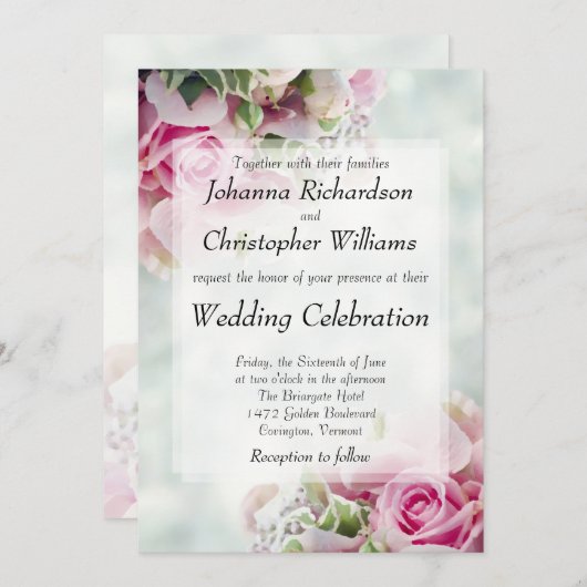 ピンクはっきりしたローズシックフローラ結婚式招待状 招待状 (正面/裏面)