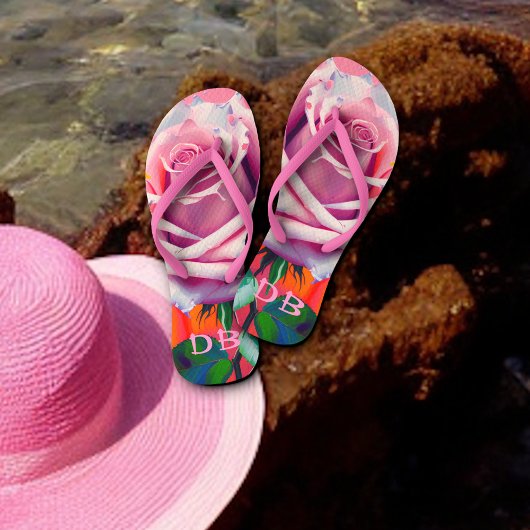 ピンクはっきりしたローズボヘミアンアートフローラモノグラムの ビーチサンダル