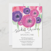 ピンクはっきりした紫色の水彩花ブライダルシャワー 招待状 (正面)
