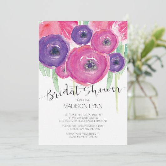 ピンクはっきりした紫色の水彩花ブライダルシャワー 招待状 (スタンド正面)