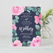 ピンクはっきりした色のネイビーフローラウォーター結婚カラー写真 招待状 (スタンド正面)