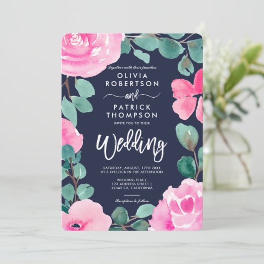 ピンクはっきりした色のネイビーフローラウォーター結婚カラー写真 招待状 (スタンド正面)