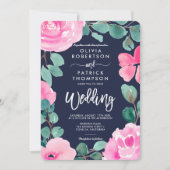 ピンクはっきりした色のネイビーフローラウォーター結婚カラー写真 招待状 (正面)