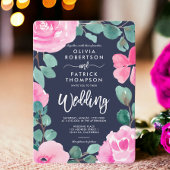 ピンクはっきりした色のネイビーフローラウォーター結婚カラー写真 招待状