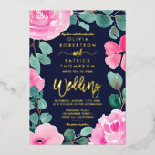 ピンクはっきりした色のネイビーフローラウォーター結婚カラー写真 箔招待状 (正面)