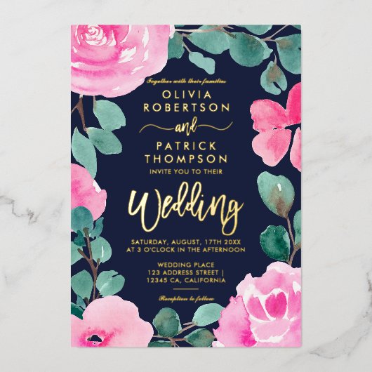 ピンクはっきりした色のネイビーフローラウォーター結婚カラー写真 箔招待状 (正面)