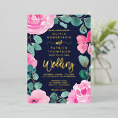 ピンクはっきりした色のネイビーフローラウォーター結婚カラー写真 箔招待状 (立ち正面)