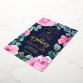 ピンクはっきりした色のネイビーフローラウォーター結婚カラー写真 箔招待状 (回転した状態)