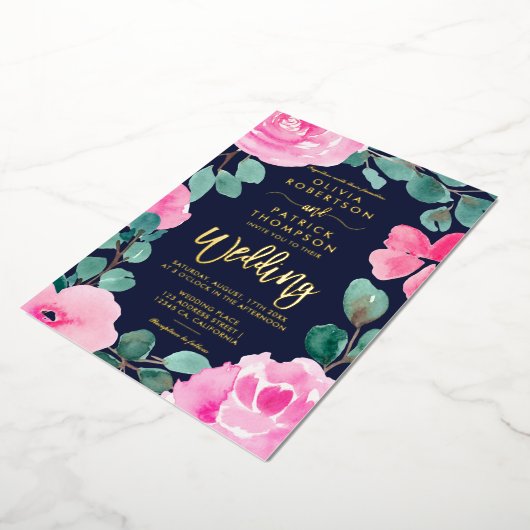ピンクはっきりした色のネイビーフローラウォーター結婚カラー写真 箔招待状 (回転した状態)