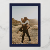 ピンクはっきりした色のネイビーフローラウォーター結婚カラー写真 箔招待状 (裏面)