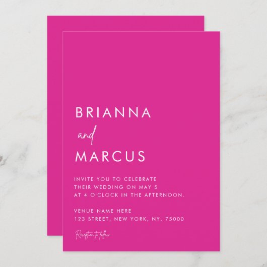 ピンクはっきりした色のミニマルなスクリプ結婚ト 招待状 (正面/裏面)