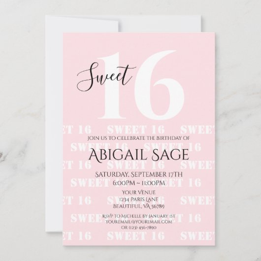 ピンクはっきりした色、白パーソナライズされた色のSweet sixteen 招待状 (正面)
