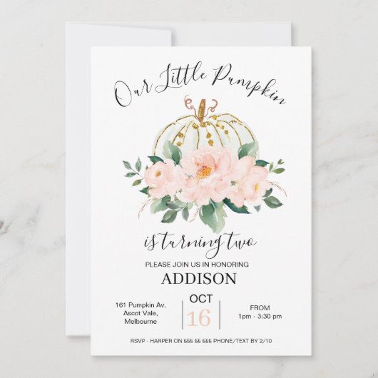 ピンクはっきりした金ゴールドフローラカボチャ誕生日招待状 招待状 (正面)