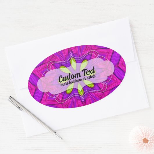 ピンクはっきりした鮮やかと紫の幾何学的な花 楕円形シール (封筒)