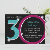 ピンクはっきりした&ティール(緑がかった色)第30回誕生日パーティー 招待状 (スタンド正面)