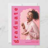 ピンクはっきりした&レッドレトロフォント波状写真卒業 招待状 (正面)