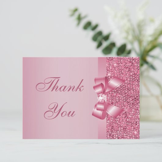 ピンクはスパンコールの弓を印刷しました及びダイヤモンドは感謝していしています サンキューカード (スタンド正面)