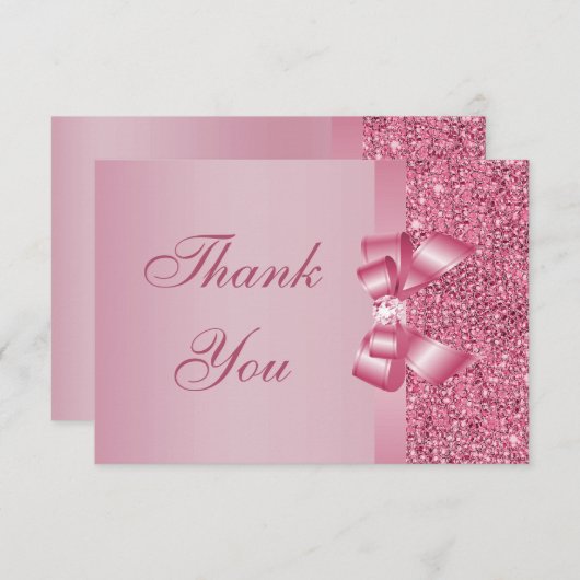 ピンクはスパンコールの弓を印刷しました及びダイヤモンドは感謝していしています サンキューカード (正面/裏面)