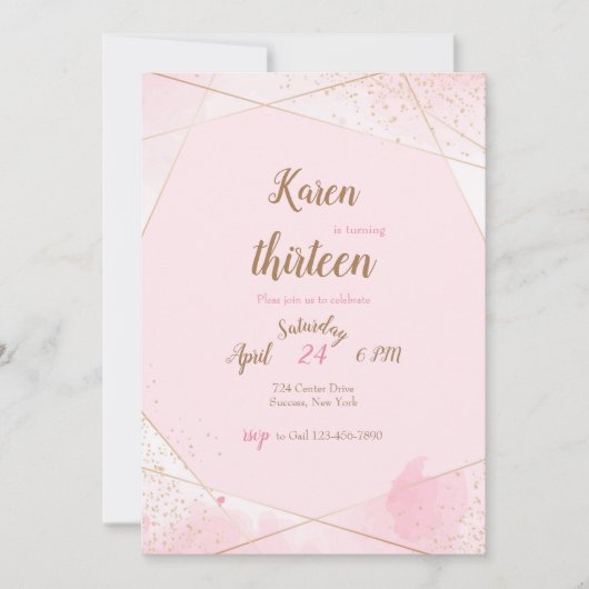 ピンクはバースデーパーティ招待状を曲げます 招待状 (正面)