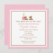 ピンクは双生児のベビーシャワーに耐えます 招待状 (正面/裏面)