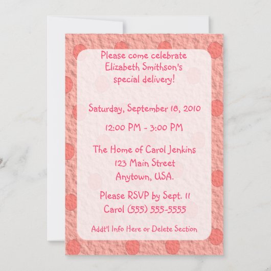 ピンクは封筒の女の子のベビーシャワー招待状に点を打ちます 招待状 (裏面)