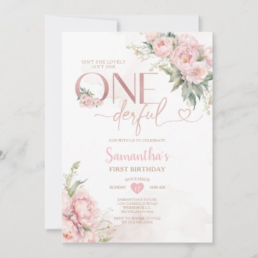 ピンクは彼女はonederful 1番目の誕生日の花ではない 招待状 (正面)