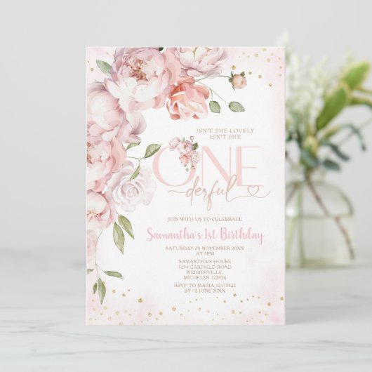 ピンクは彼女はonederful 1番目の誕生日の花ではない 招待状 (スタンド正面)