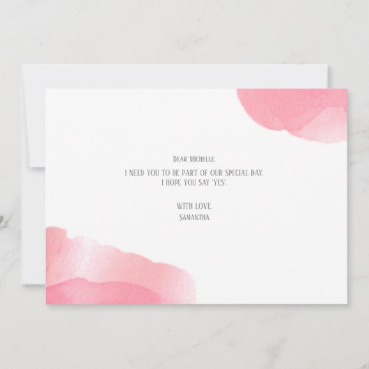 ピンクは私の花嫁付き添いになるの？ガウン水彩 招待状 (裏面)