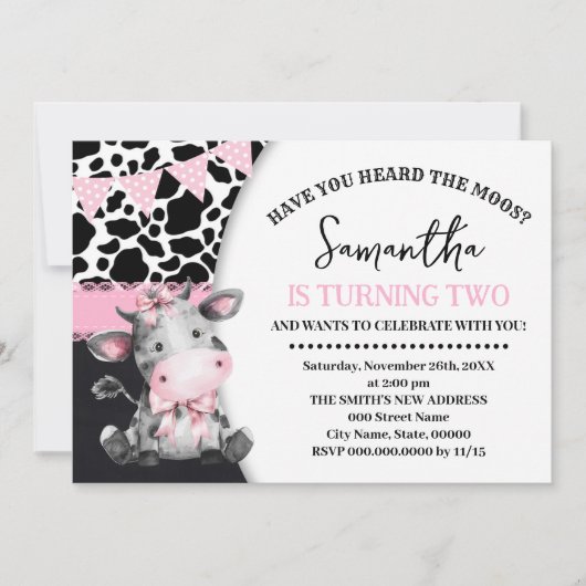 ピンクは第2の誕生日の牛の声を聞いたことがある 招待状 (正面)