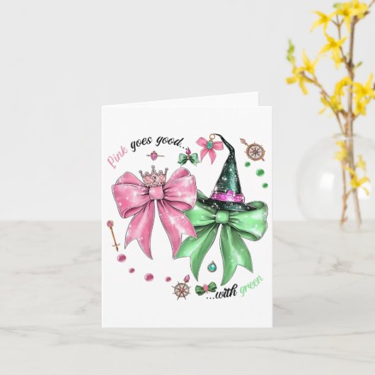 ピンクは緑の面白いハロウィーンの魔女と良く行く カード (黄色い花)