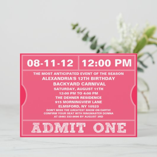 ピンクは1つのチケットの招待状の誕生会を是認します 招待状 (スタンド正面)