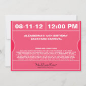 ピンクは1つのチケットの招待状の誕生会を是認します 招待状 (裏面)